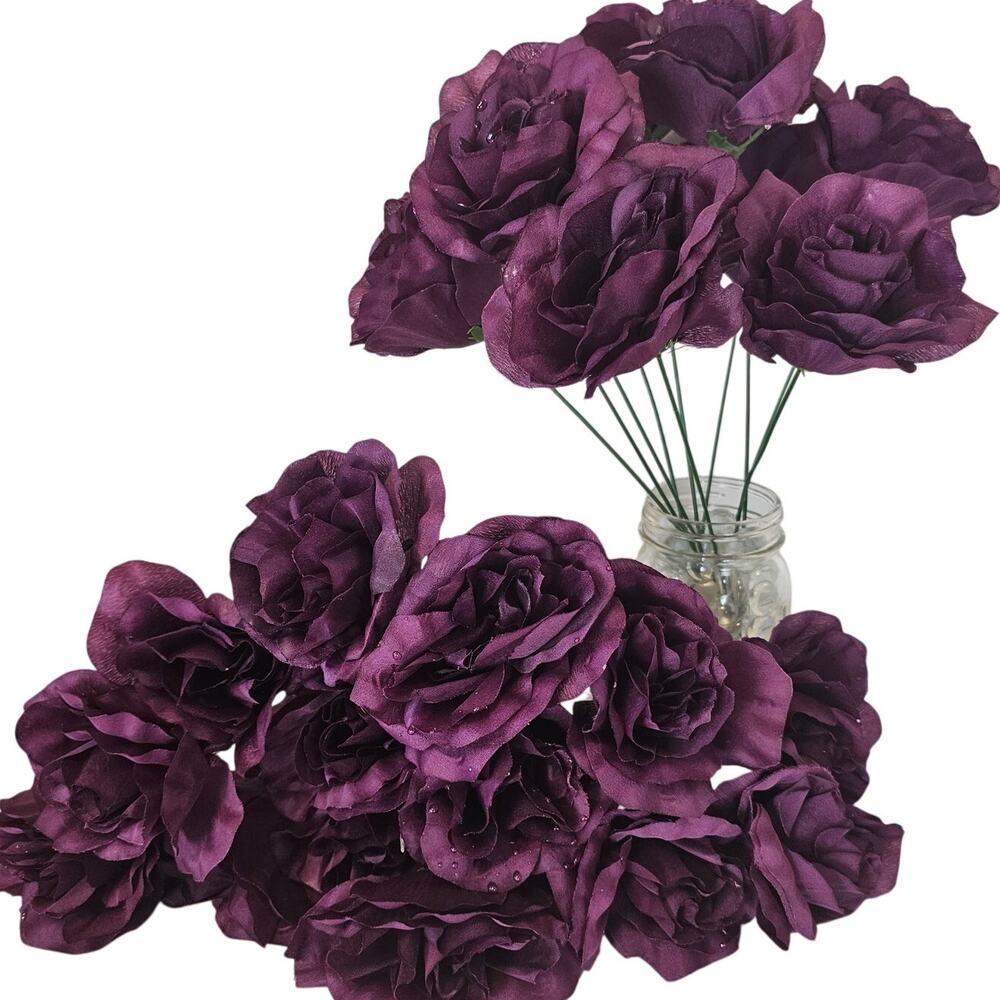 26 Plum Wine Purple Silk Rose Stems 3.5" Blooms 10.5" Artificial Flowers Wedding